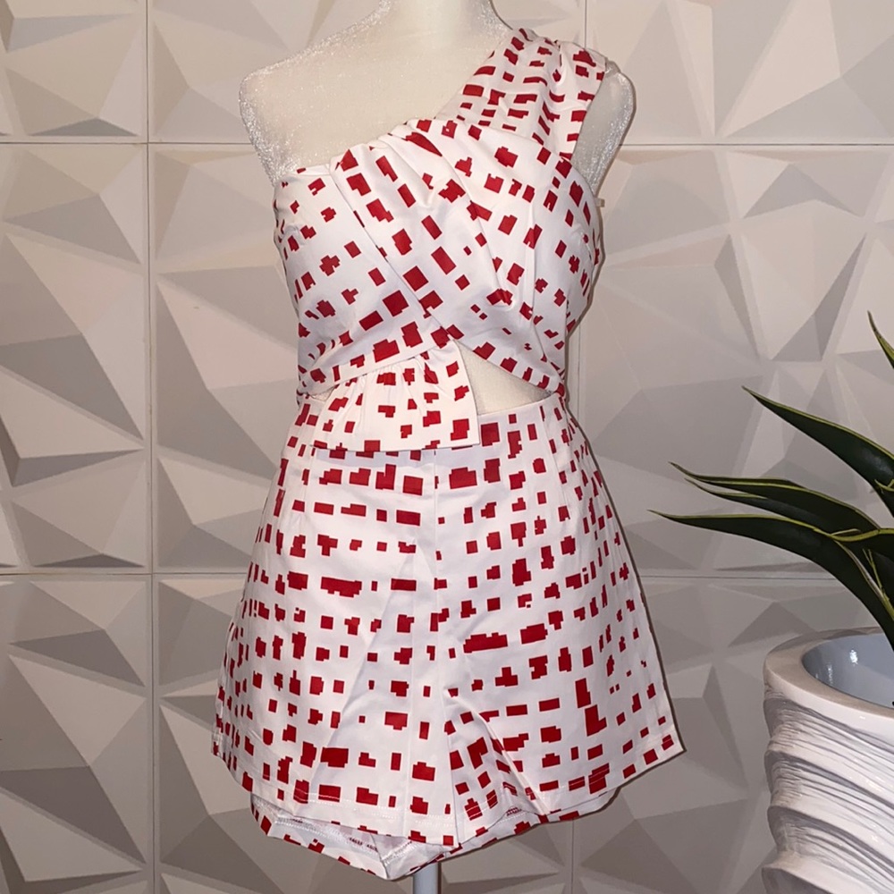 Red & White One Shoulder Crop Top Set